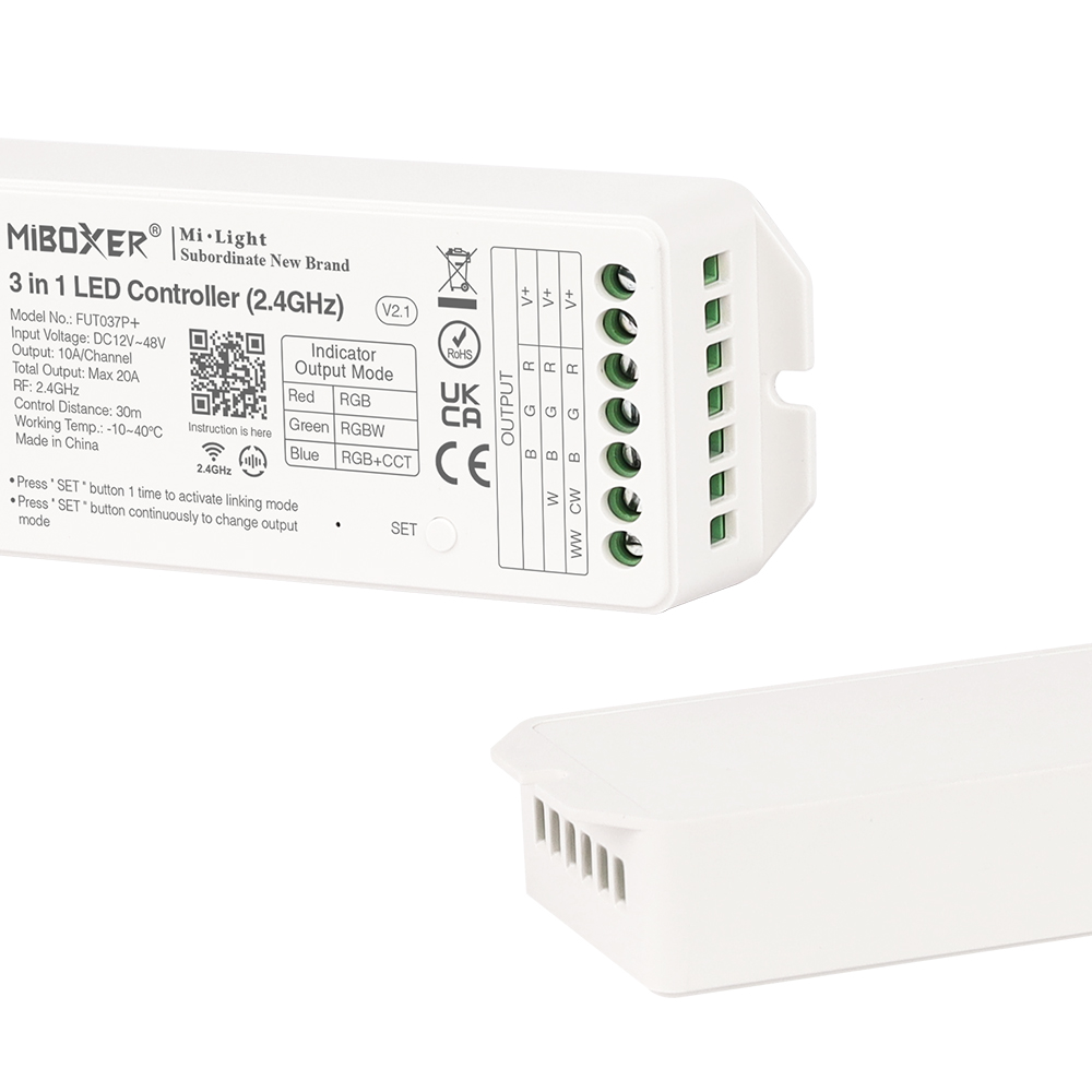 FUT037P+ 2.4GHz 5in1 RGBCCT LED Strip Controller - DC12~48V Input FUT037P+ 2.4GHz 5in1 RGBCCT LED Strip Controller - DC12~48V Input
